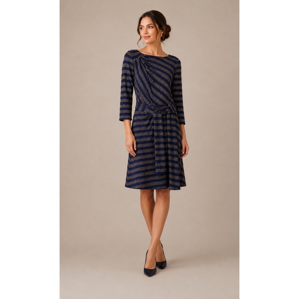 Lily & Taylor Navy Gold Metallic Striped Sheath Dress Womens Size 12 Made in USA